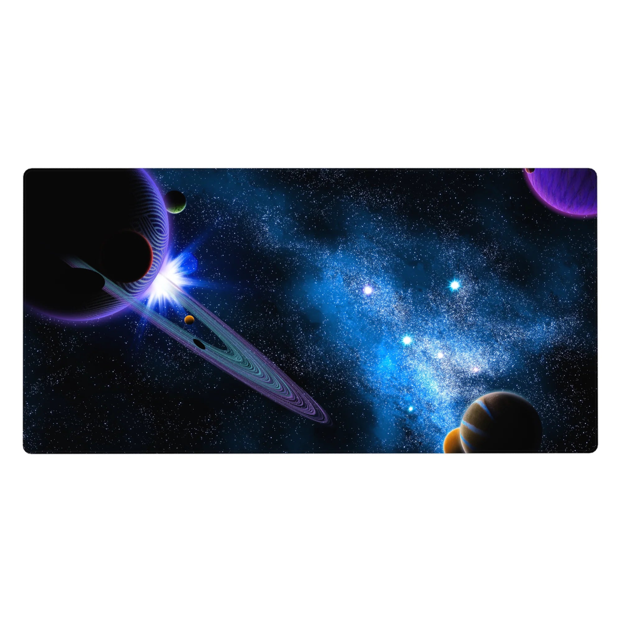 Space swirl desk pad 40x20 inches with star dust confetti and sleek ringed planet design.