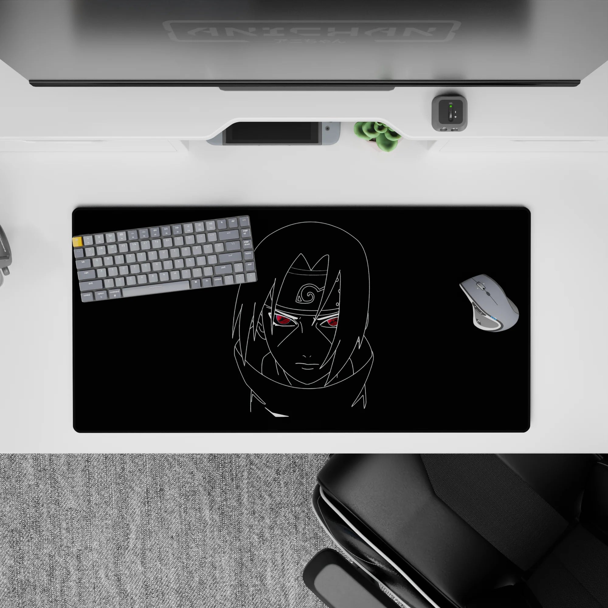 Dark black 32x16 inches anime mouse pad with neon red eyes, calm-before-storm vibe, sleek glide.
