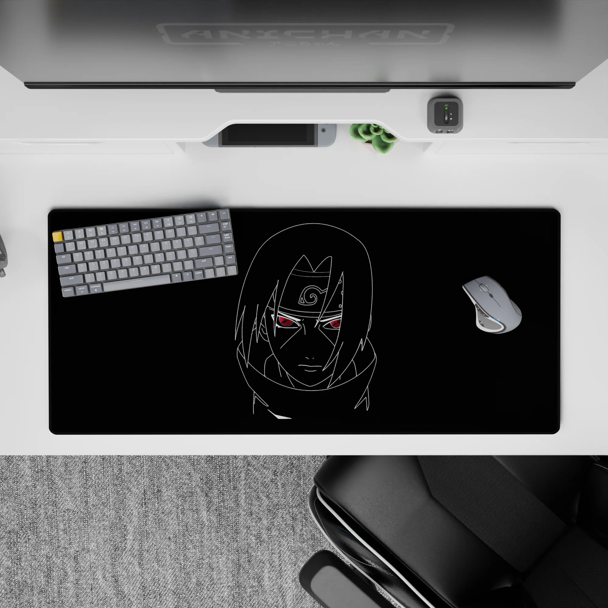 Black 36x16 inches anime desk pad with neon-red eyes, crisp white line art, calm before the storm mood.