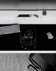 Black 36x16 inches anime desk pad with neon-red eyes, crisp white line art, calm before the storm mood.