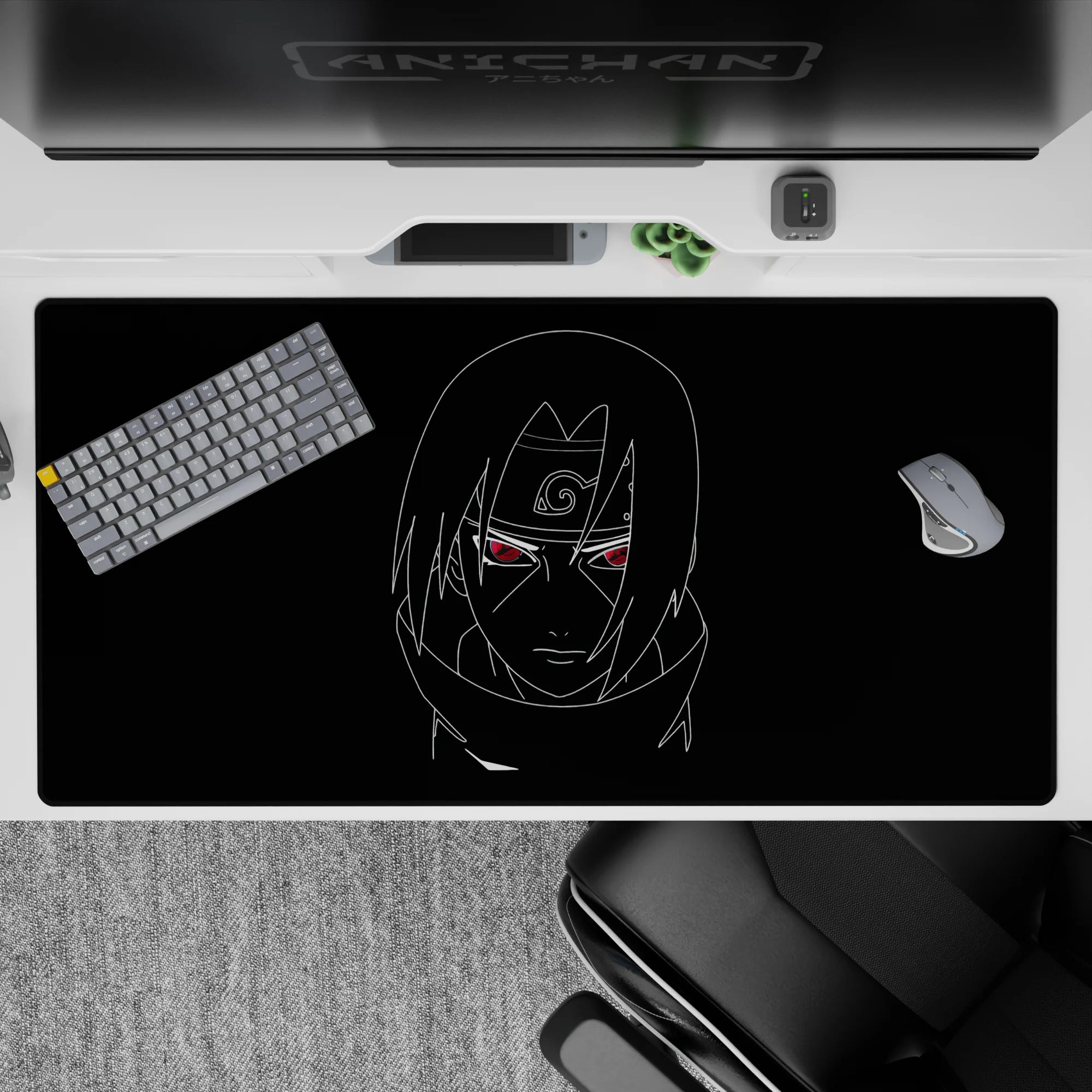 Dark black 40x20 inches anime desk pad with calm, dangerous vibe, glowing red eyes and clean glide.