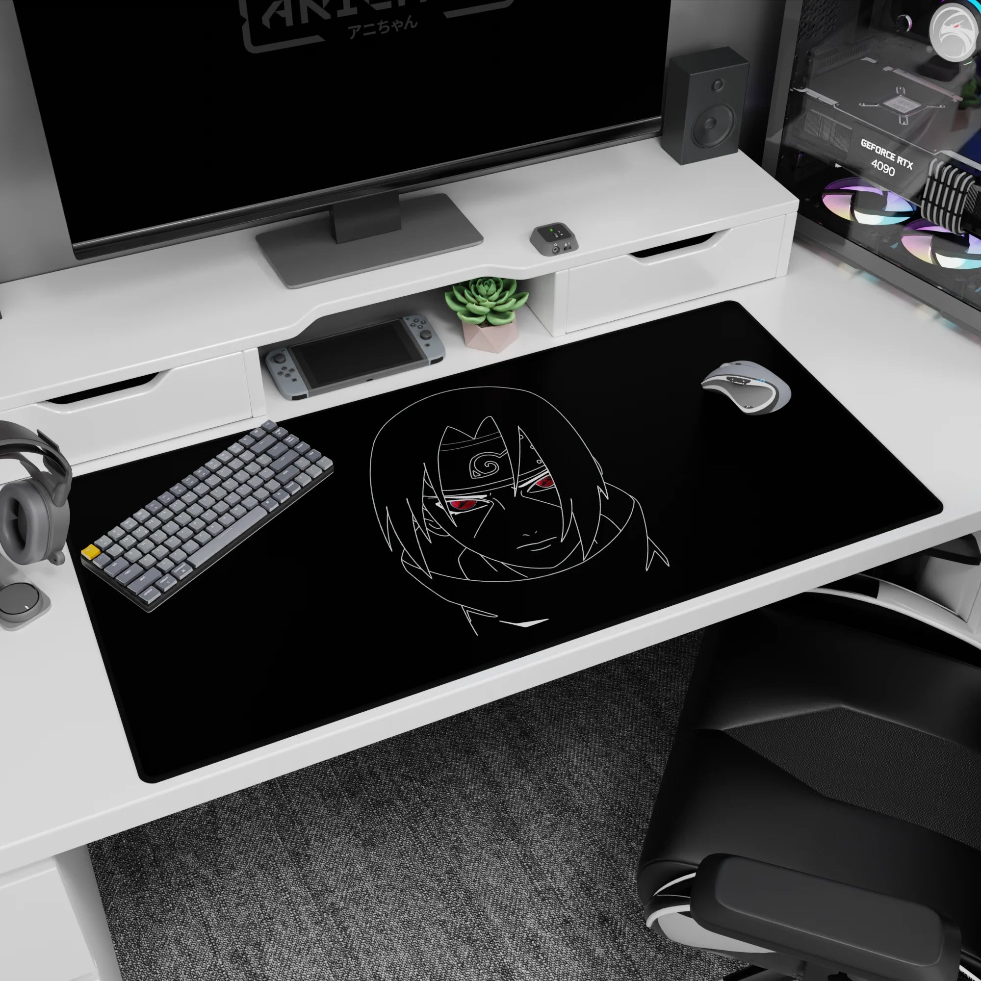 Itachi Uchiha Sharingan 40x20 inches desk pad, Leaf headband and high collar in stark line art.