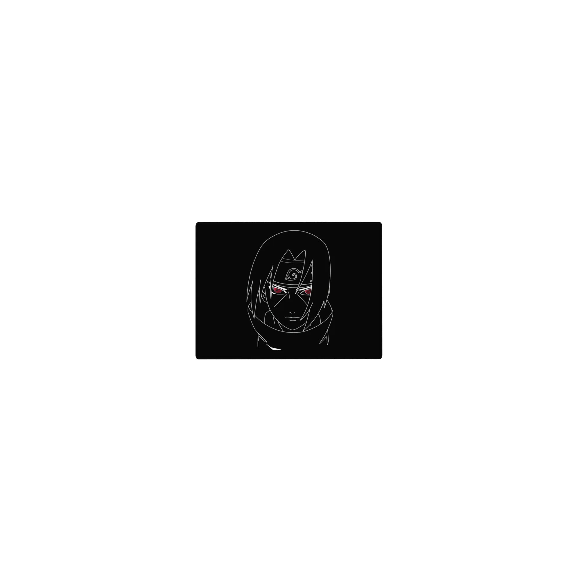 Minimalist anime mouse pad 14x10 inches with Itachi sketch in white on black and Sharingan eyes.