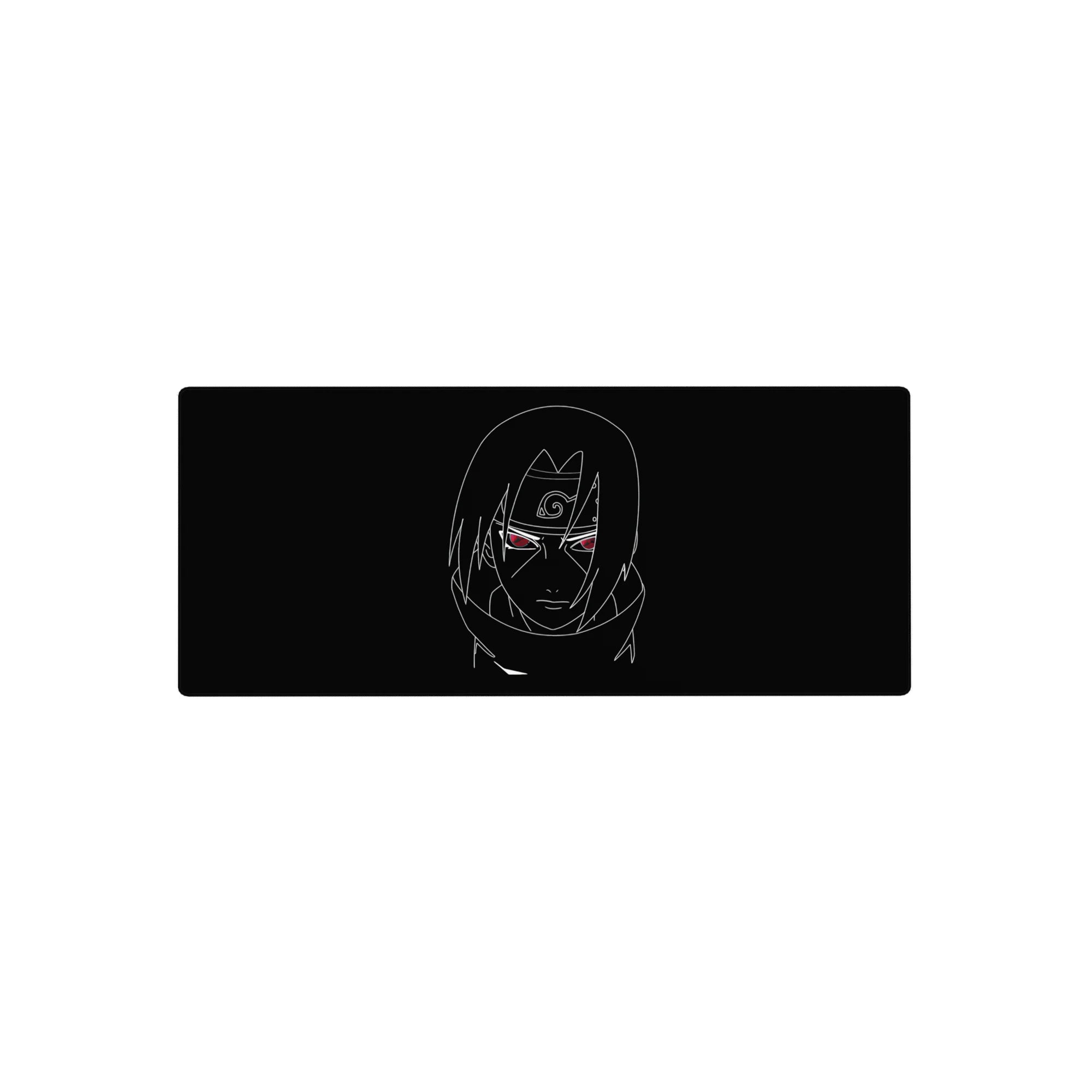 Minimalist anime mouse pad 28x12 inches with white line art on black and glowing red eyes.
