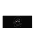Minimalist anime mouse pad 28x12 inches with white line art on black and glowing red eyes.