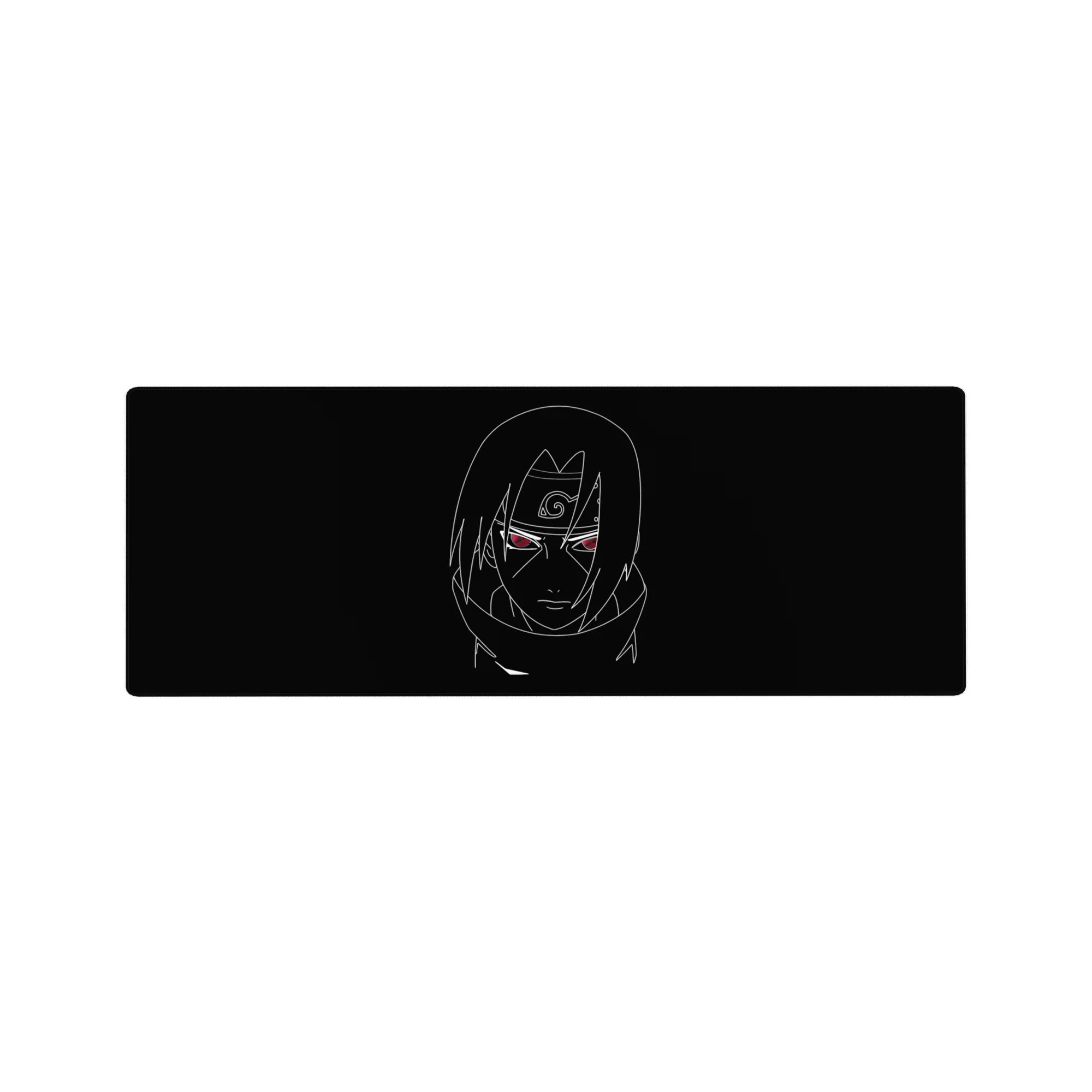 32x12 inches anime mouse pad with minimalist Itachi Uchiha line art on black, red Sharingan eyes.