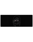32x12 inches anime mouse pad with minimalist Itachi Uchiha line art on black, red Sharingan eyes.