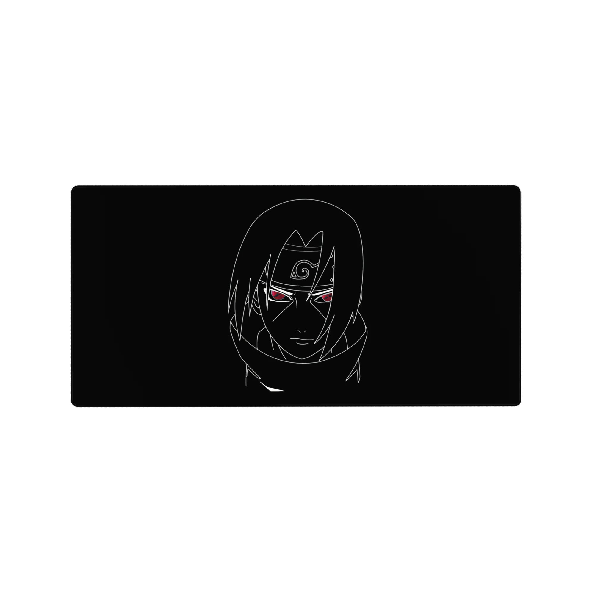 Minimalist anime mouse pad 32x16 inches with crisp white sketch on black and red eyes detail.