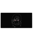 Minimalist anime mouse pad 32x16 inches with crisp white sketch on black and red eyes detail.