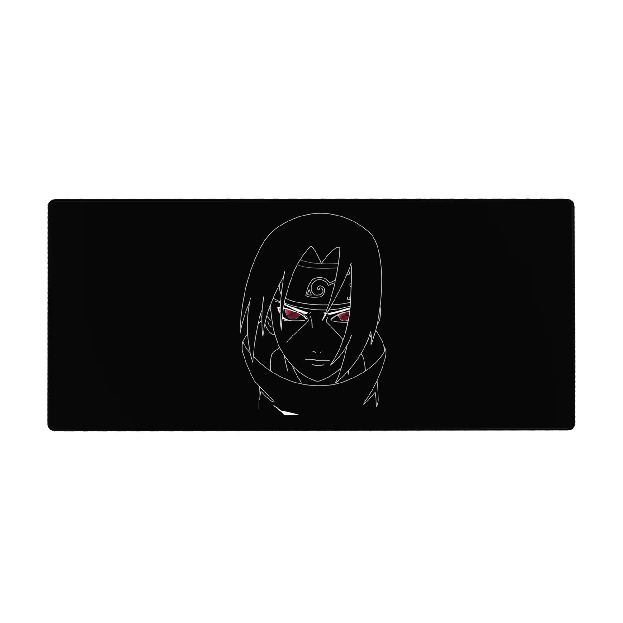 Minimalist anime desk pad 36x16 inches with Itachi sketch in white on black and red Sharingan eyes.