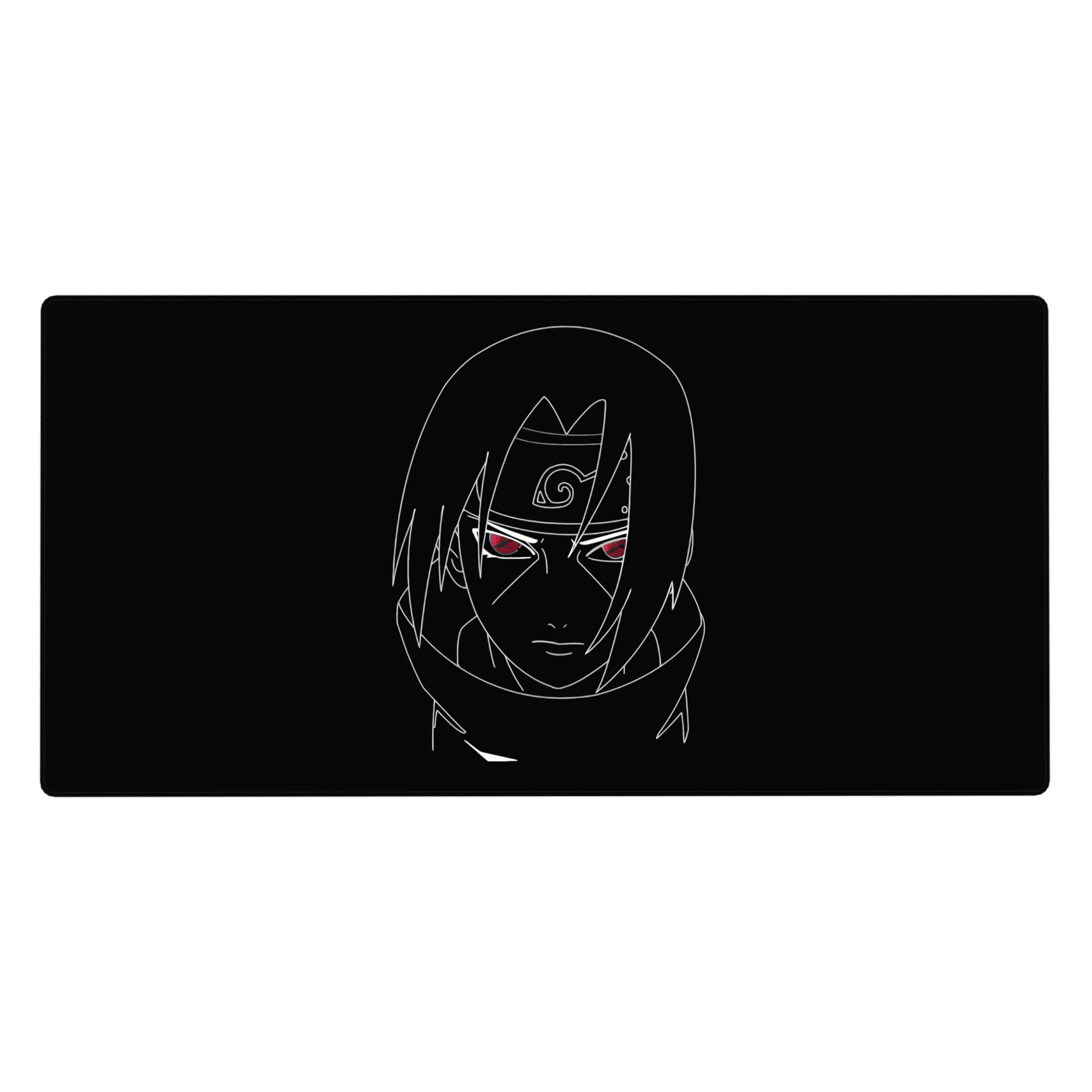 Minimalist anime desk pad 40x20 inches with crisp white sketch on deep black and red neon eyes.