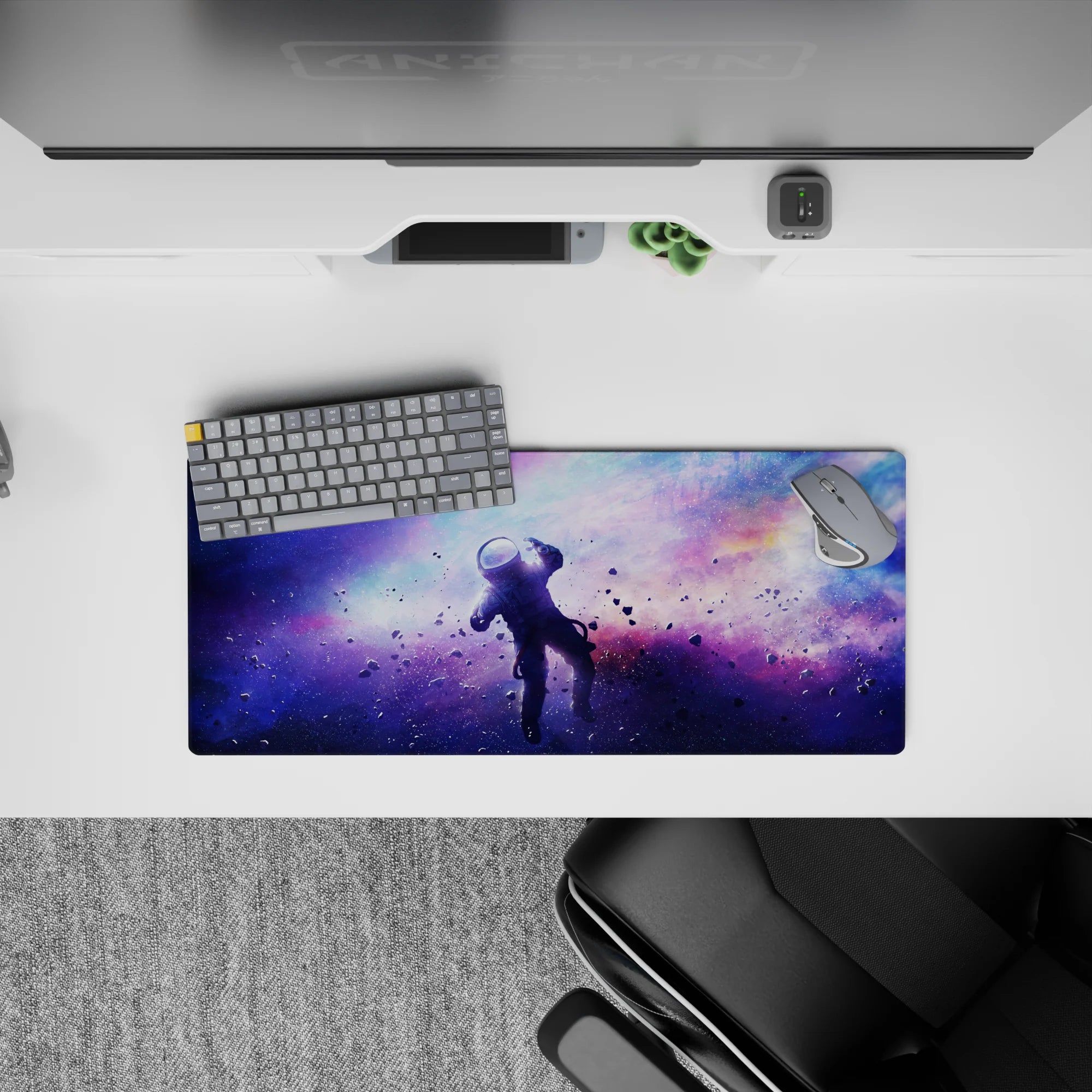 Violet, icy blue, and soft pink haze mouse pad 28x12 inches for a calm cosmic mood and long sessions.