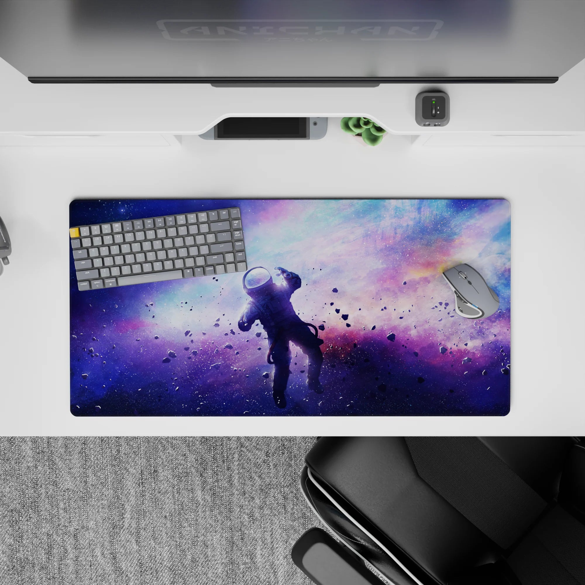 Violet, icy blue, and soft pink haze mouse pad 32x16 inches, calm cosmic vibe for long sessions.