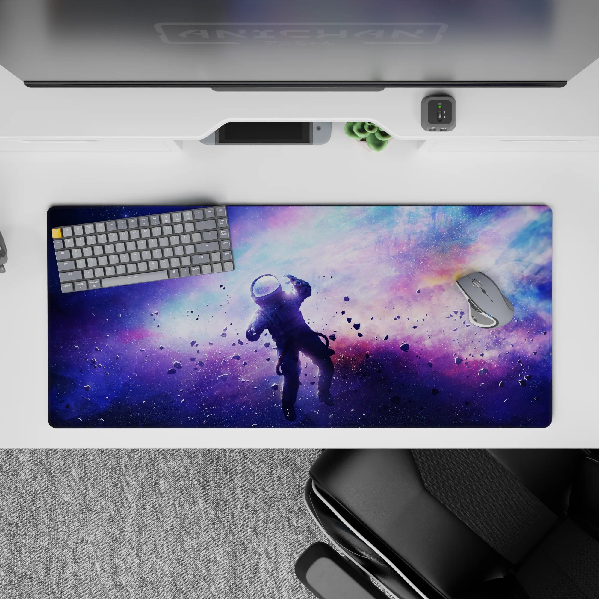 Violet clouds fading into icy blues and soft pink haze desk pad 36x16 inches, calm dreamy mood.