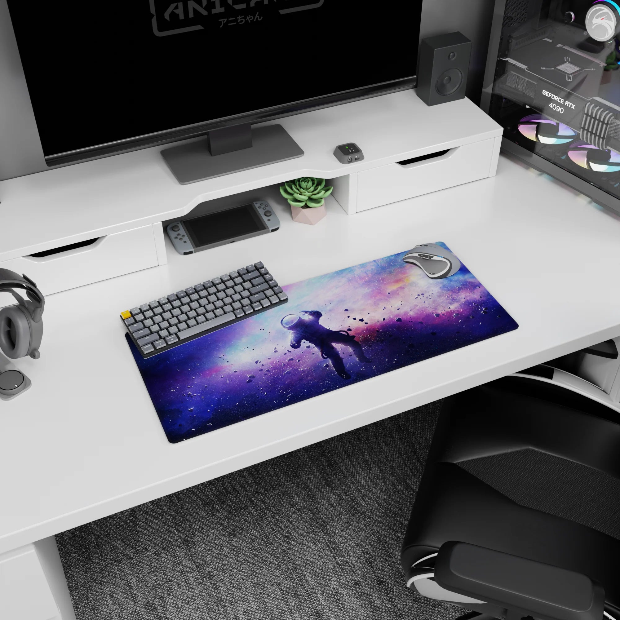 Star-speckled space cloud scene mouse pad 28x12 inches showing blurred nebula clouds and floating cosmic dust.