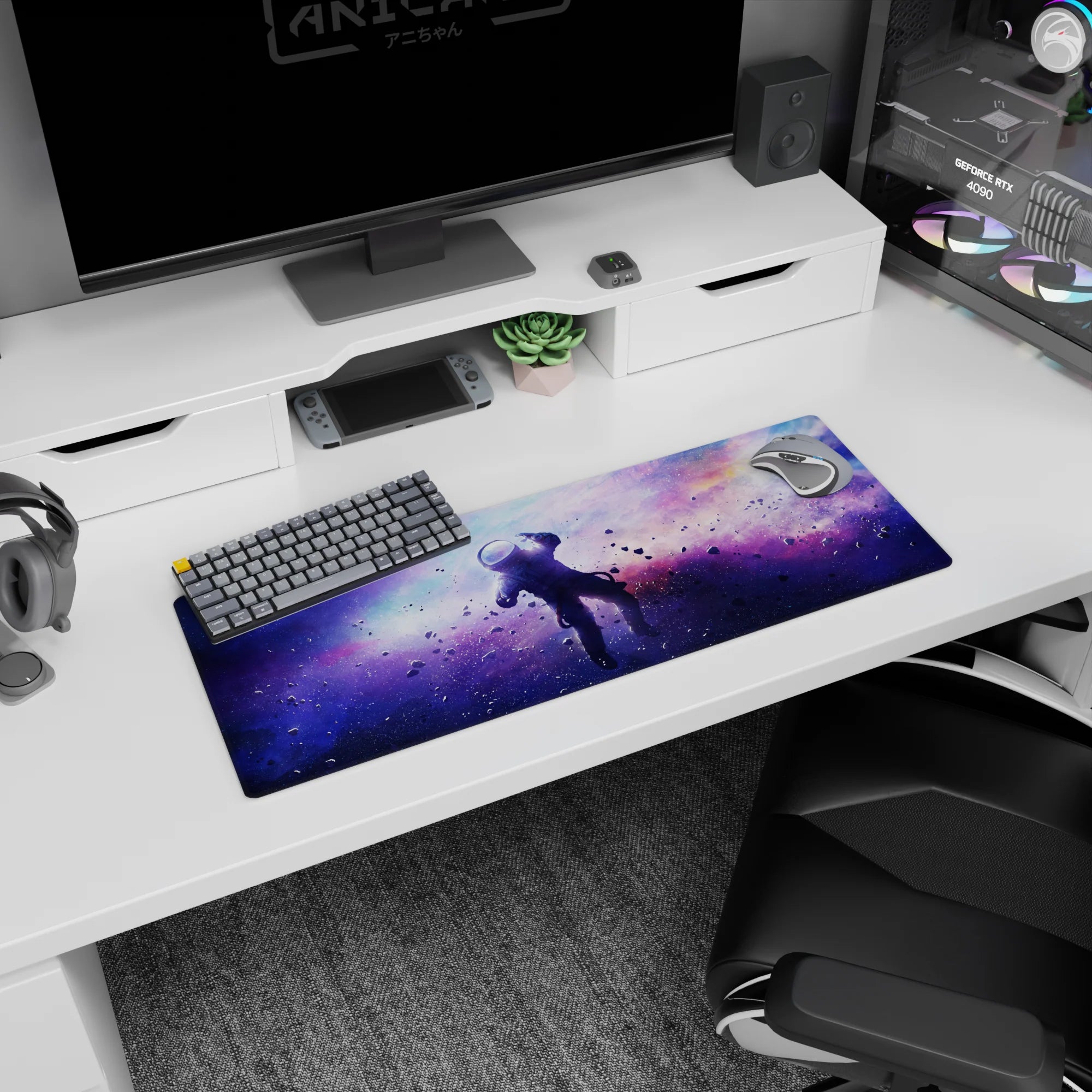 Star-sprinkled nebula cloudscape mouse pad 32x12 inches with floating dust across a cosmic sky.