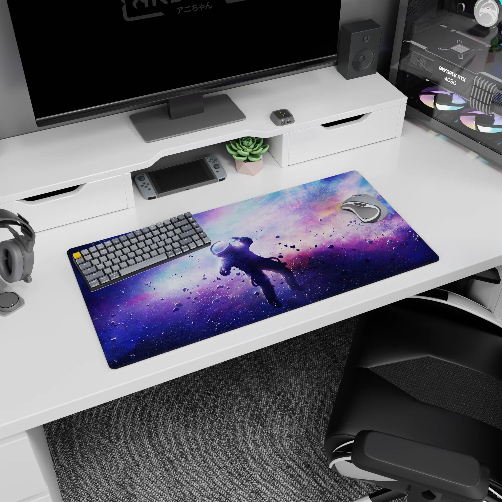 Space window scene mouse pad 32x16 inches with tiny stars, floating dust, and blurred nebula clouds.