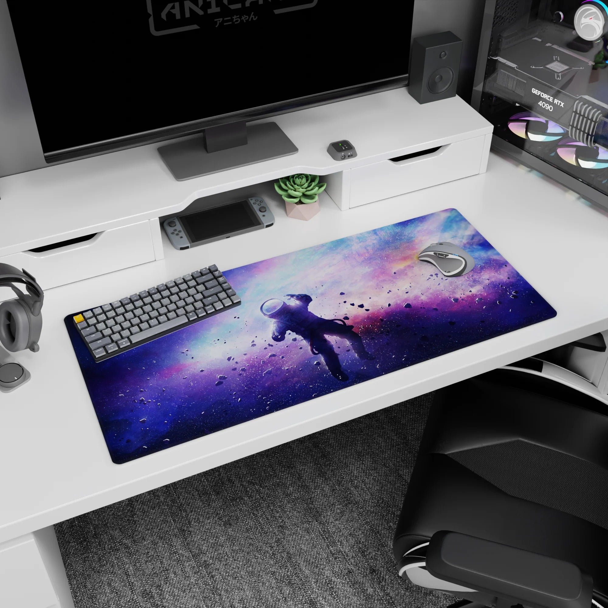 Star-speckled cosmic window scene desk pad 36x16 inches with floating dust across a nebula sky.