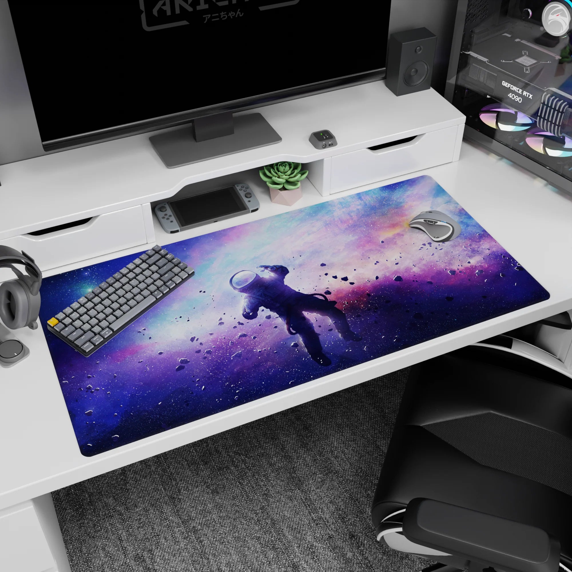 Starry violet cloud and blue nebula scene desk pad 40x20 inches with floating dust and tiny stars.