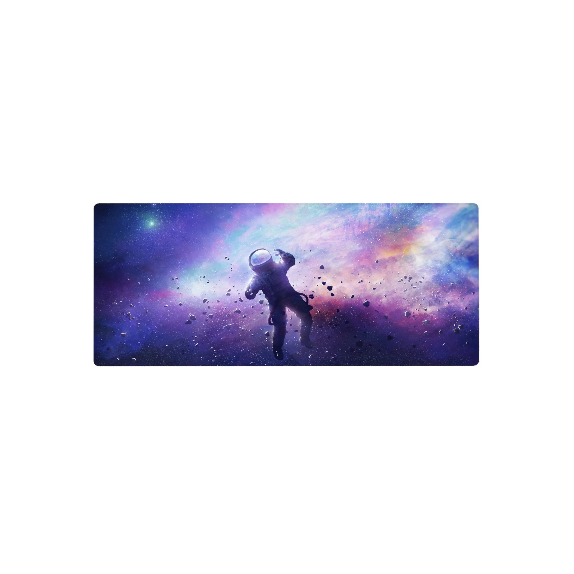 Galaxy nebula desk mouse pad 28x12 inches with dreamy gradient clouds, stars, and dust speckles.