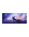 Galaxy nebula desk mouse pad 28x12 inches with dreamy gradient clouds, stars, and dust speckles.