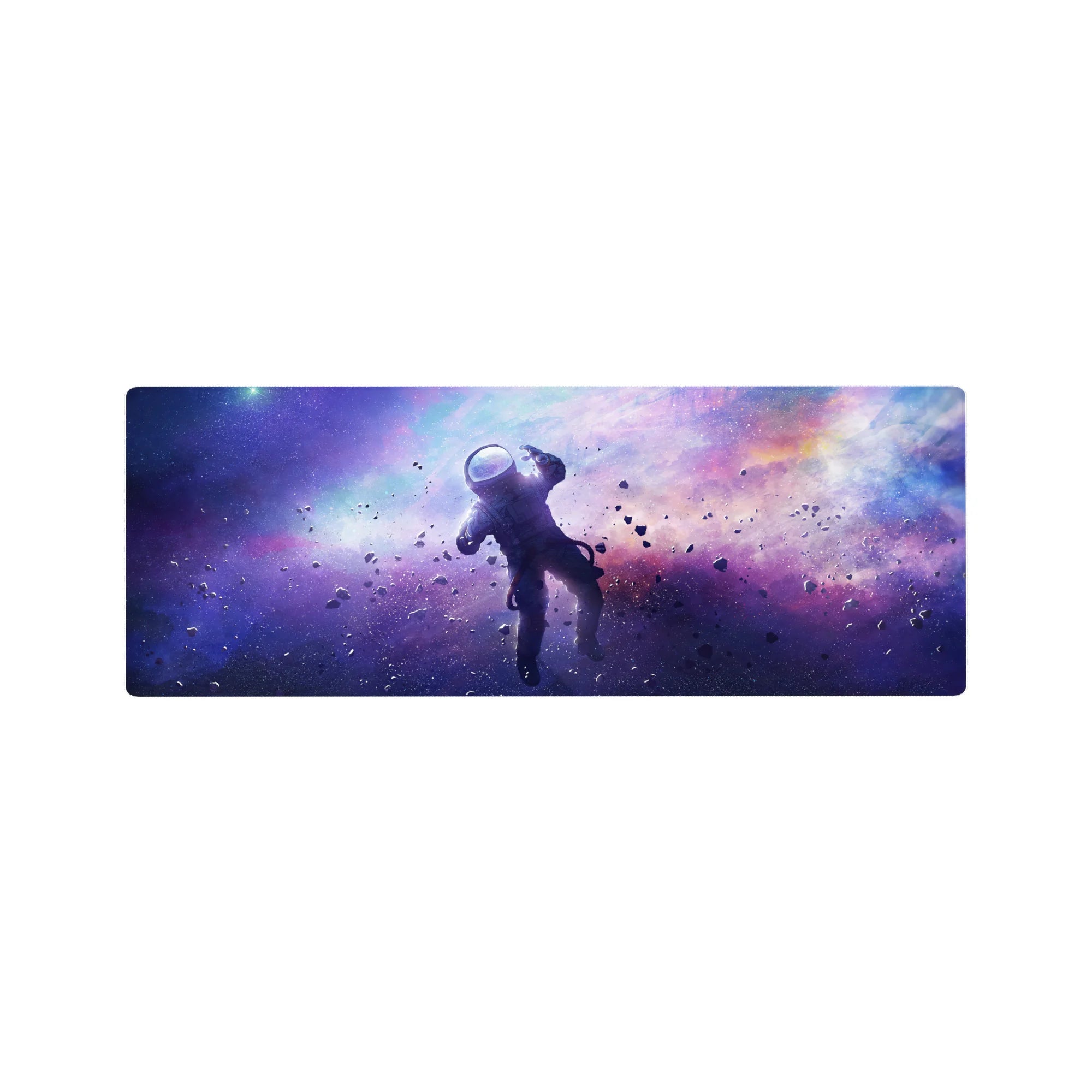 Galaxy nebula desk mouse pad 32x12 inches with starry speckles and blurred cosmic gradients.