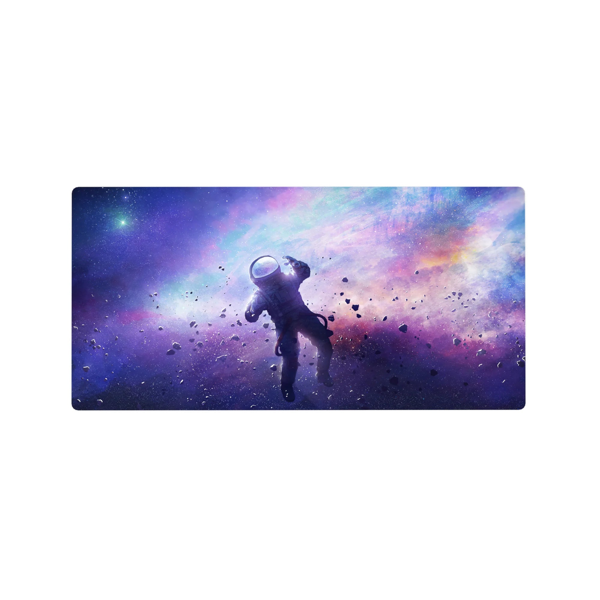 Galaxy nebula starfield desk mouse pad, 32x16 inches, with dreamy gradient clouds and speckled dust.