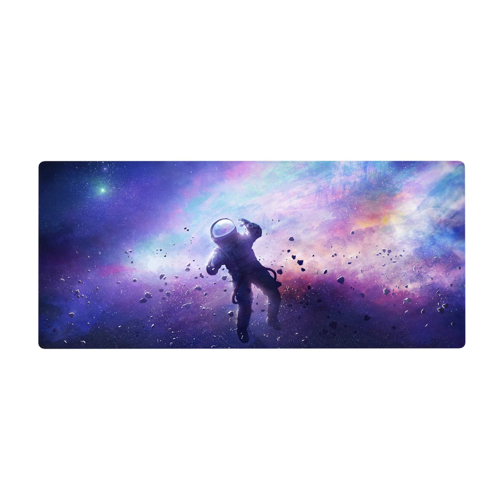 Galaxy nebula desk pad 36x16 inches with blurred gradients, speckled stars, and space dust texture.