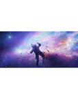 Galaxy nebula desk pad 36x16 inches with blurred gradients, speckled stars, and space dust texture.