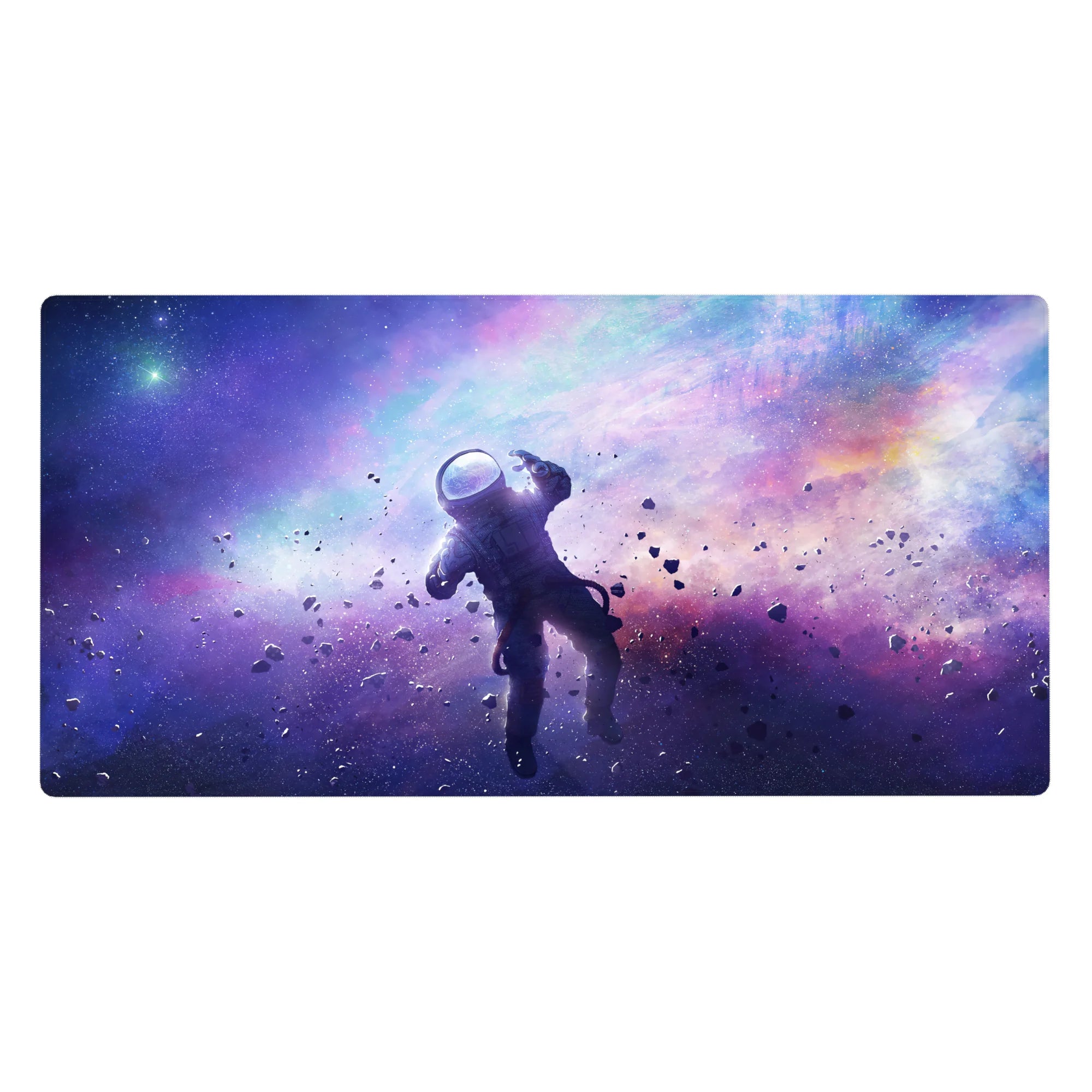Galaxy nebula desk pad mouse pad 40x20 inches with blurred gradients and speckled starry texture.