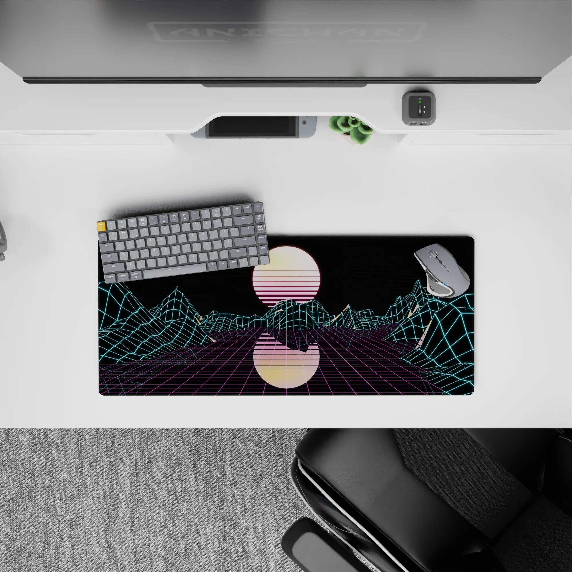 Retrowave - Vaporwave Deskmat | Mousepad | Deskpad - Neon Grid Mirage - AniChan