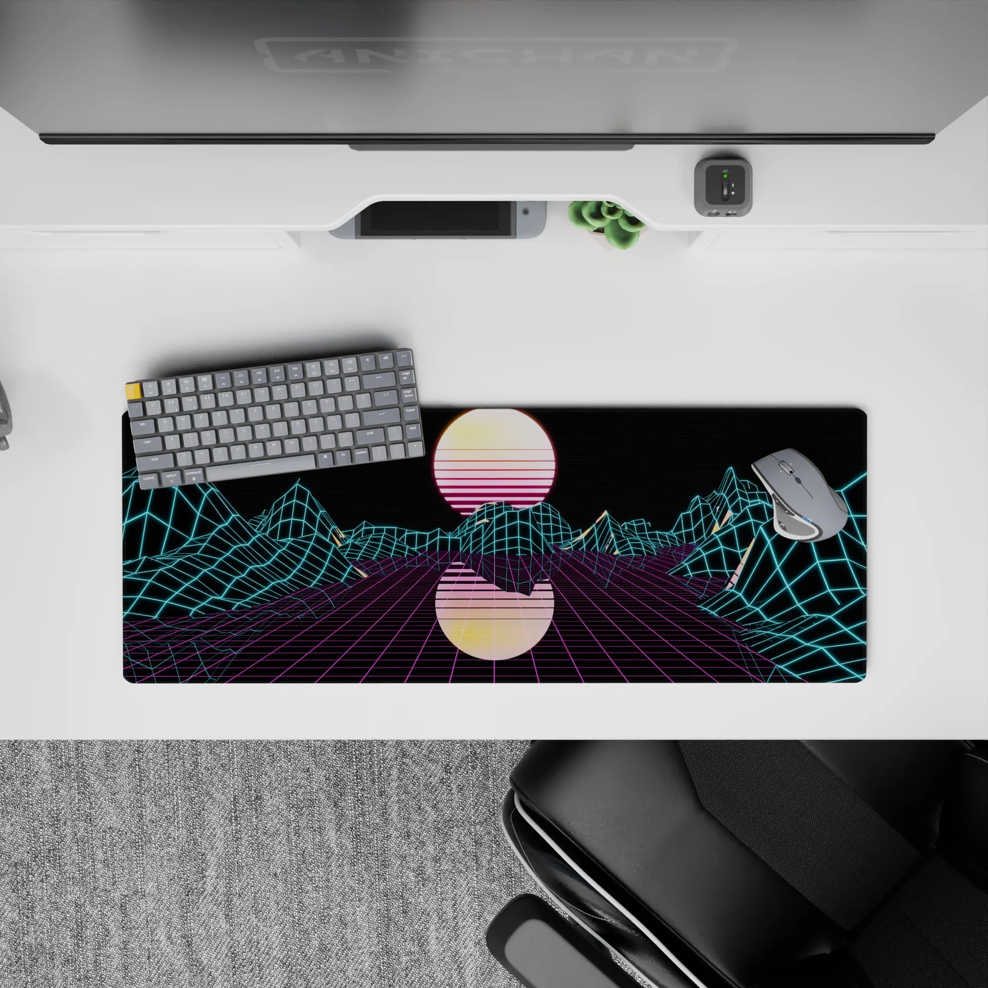 Retrowave - Vaporwave Deskmat | Mousepad | Deskpad - Neon Grid Mirage - AniChan