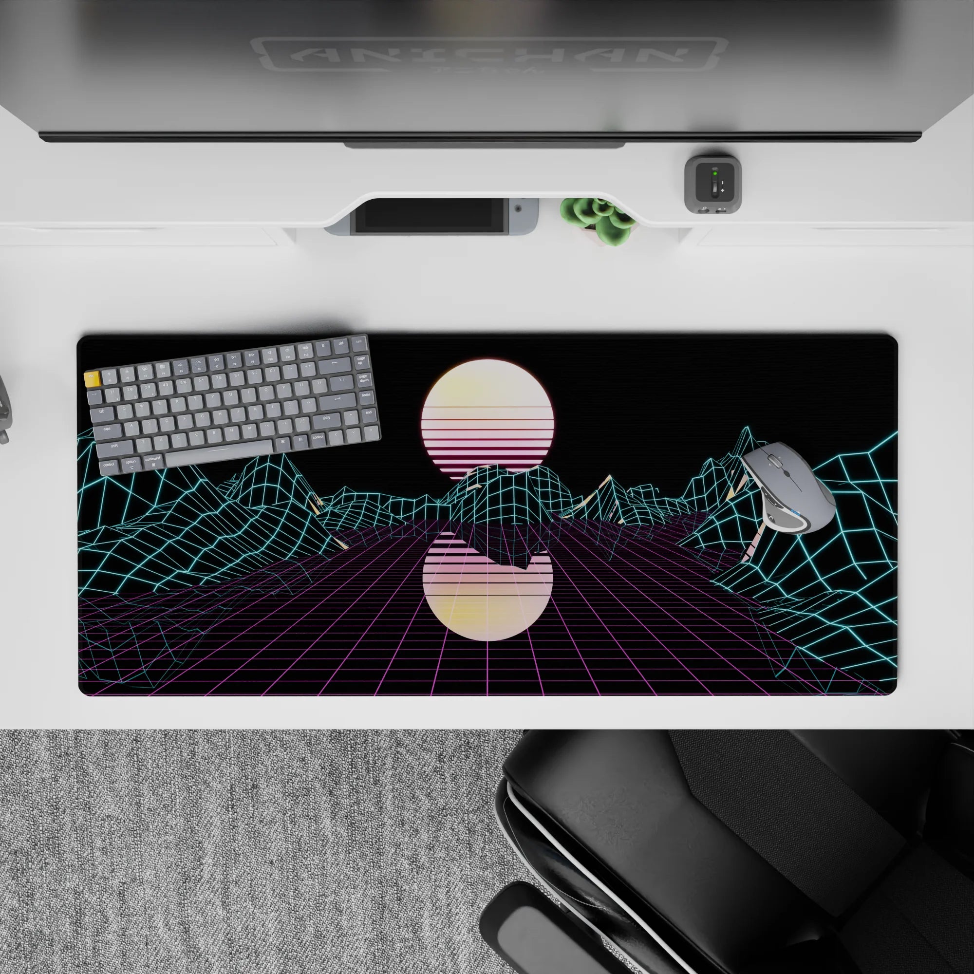 Retrowave - Vaporwave Deskmat | Mousepad | Deskpad - Neon Grid Mirage - AniChan