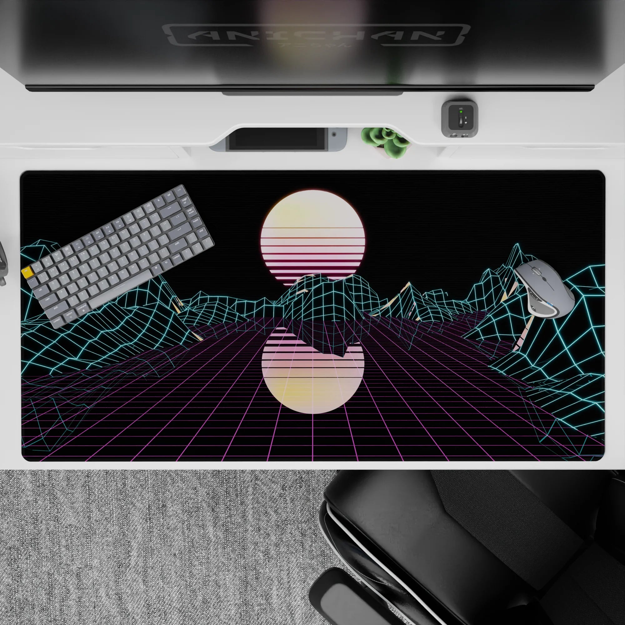 Retrowave - Vaporwave Deskmat | Mousepad | Deskpad - Neon Grid Mirage - AniChan