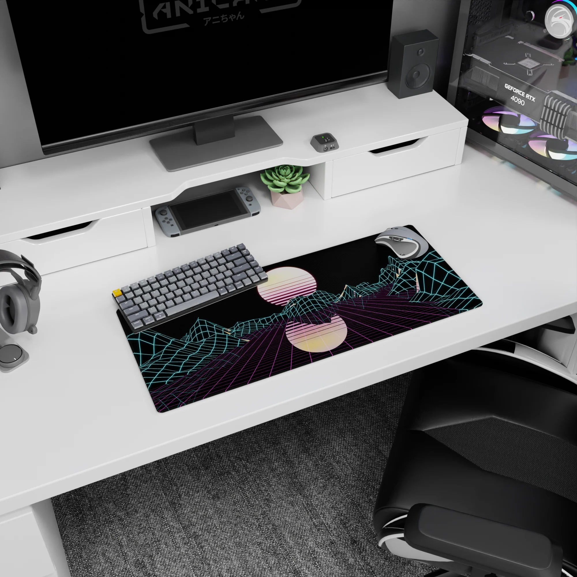 Retrowave - Vaporwave Deskmat | Mousepad | Deskpad - Neon Grid Mirage - AniChan