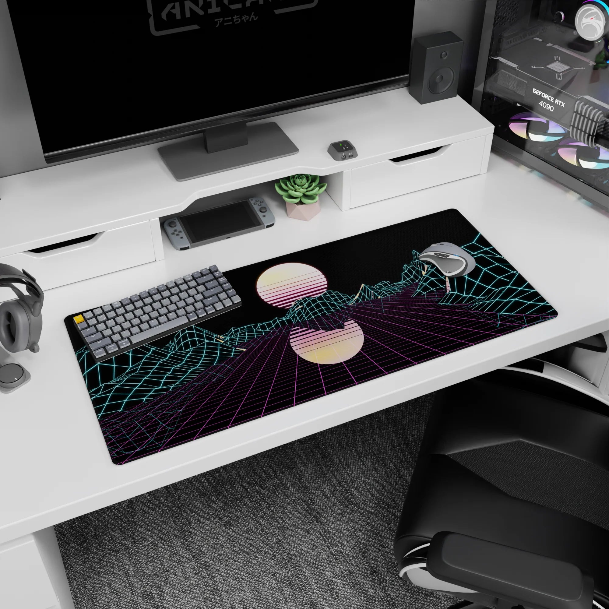 Retrowave - Vaporwave Deskmat | Mousepad | Deskpad - Neon Grid Mirage - AniChan