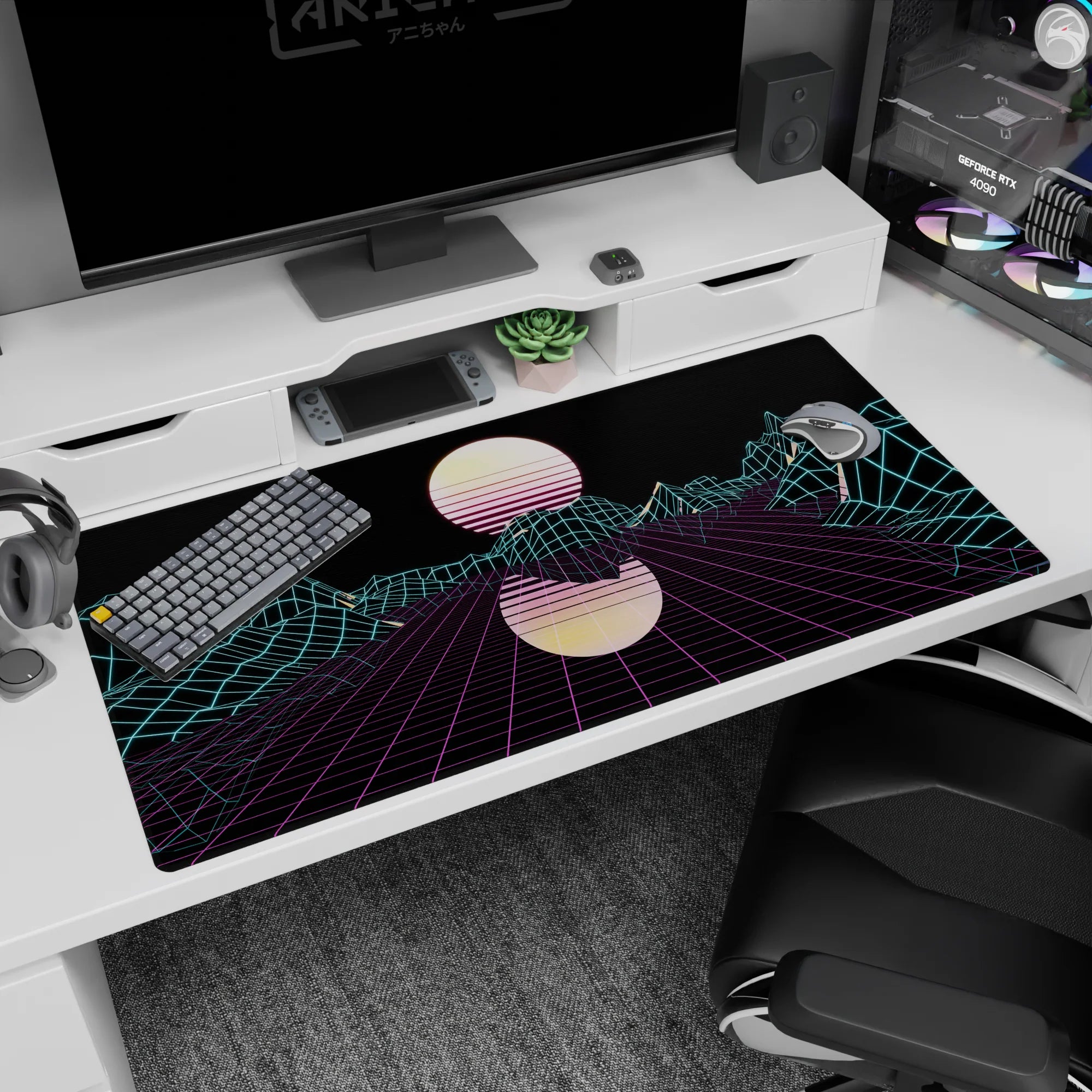 Retrowave - Vaporwave Deskmat | Mousepad | Deskpad - Neon Grid Mirage - AniChan