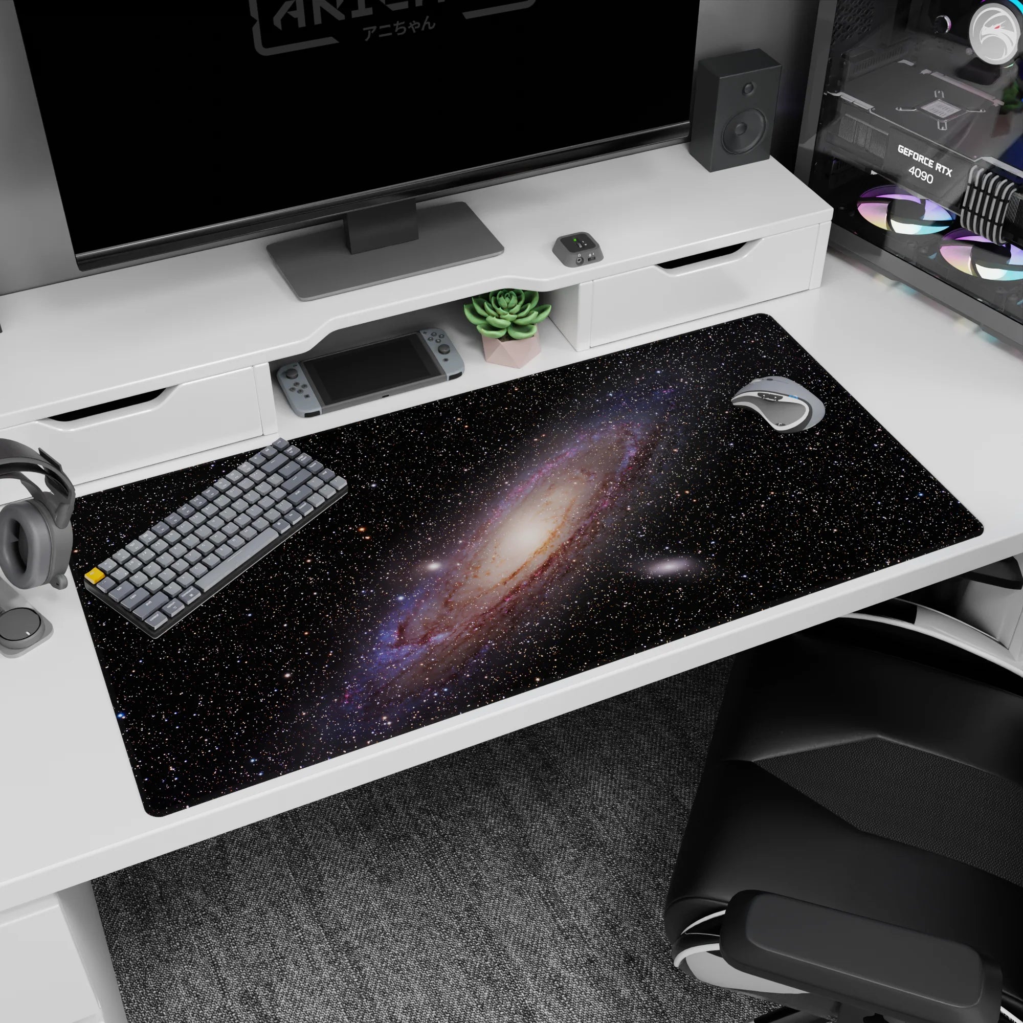 Starry spiral galaxy scene desk pad 40x20 inches featuring a soft cloudy cosmic core.