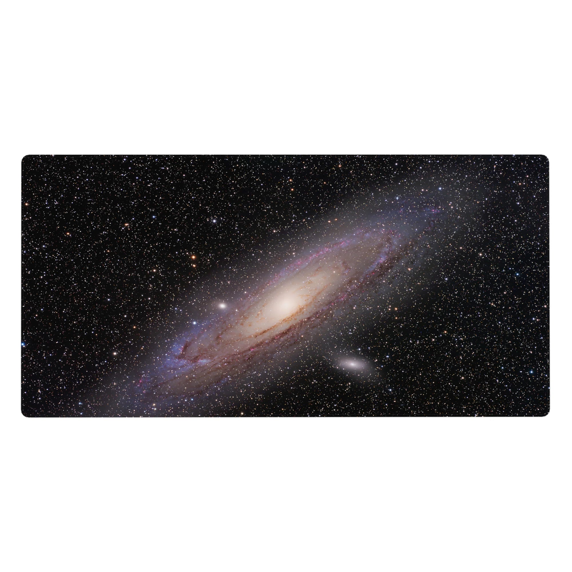 Spiral galaxy night sky desk pad 40x20 inches with stars on deep black space backdrop.