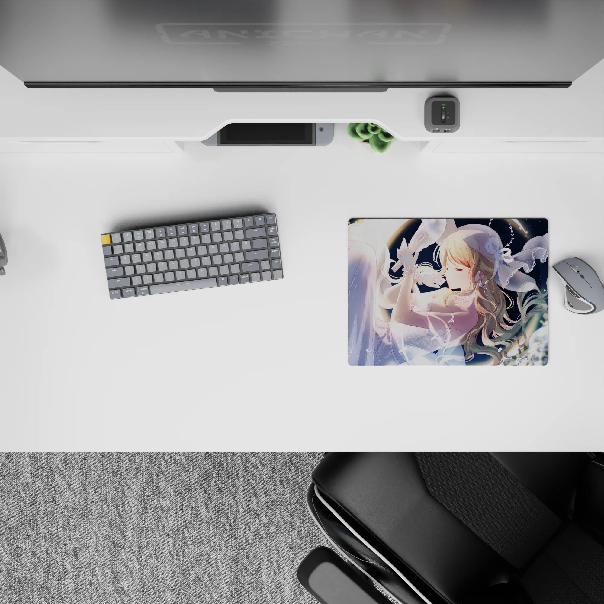 Moonlit romance anime mouse pad 14x10 inches in midnight blues, soft whites, and gentle sparkle gradients.