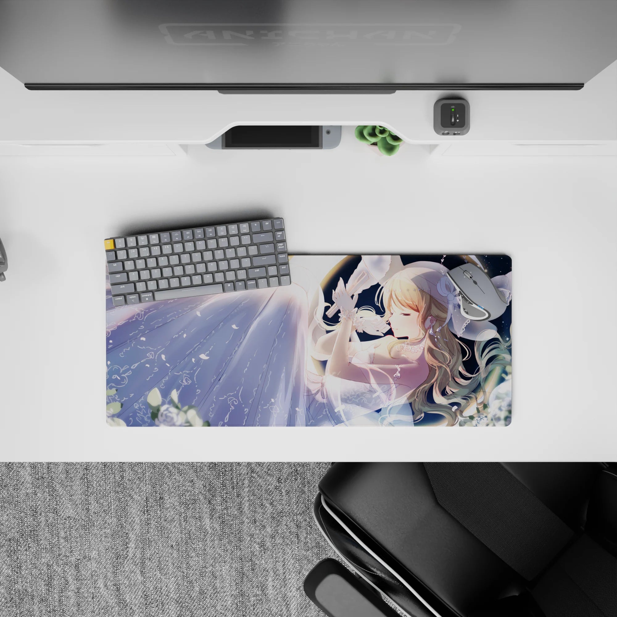 28x12 inches anime desk mat in midnight blues and starlit glow, calm romantic mood with soft gradients.