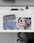 28x12 inches anime desk mat in midnight blues and starlit glow, calm romantic mood with soft gradients.