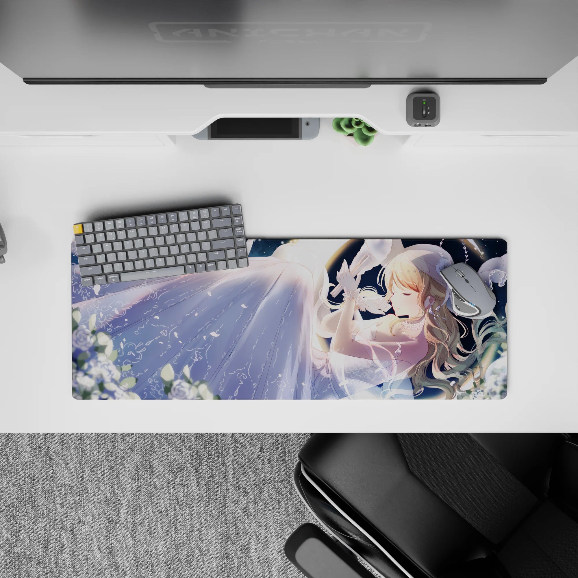 32x12 inches desk mouse pad in midnight blues with starlit glow, soft gradients, and calm romantic vibe.