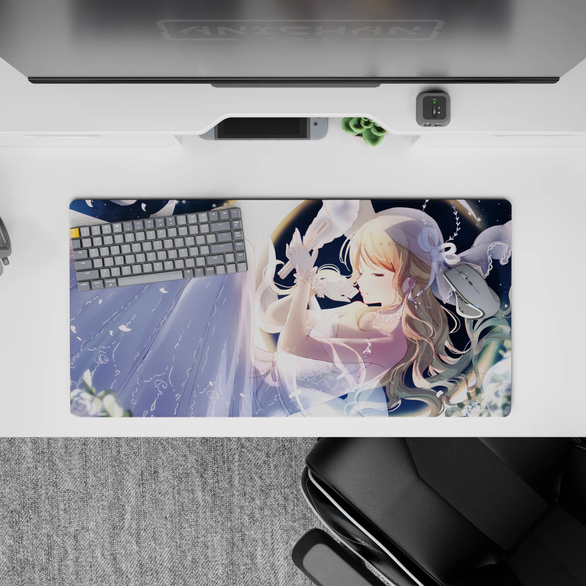 32x16 inches moonlit blue desk mat with soft blonde highlights, pearly whites, and calm dreamy sparkle.
