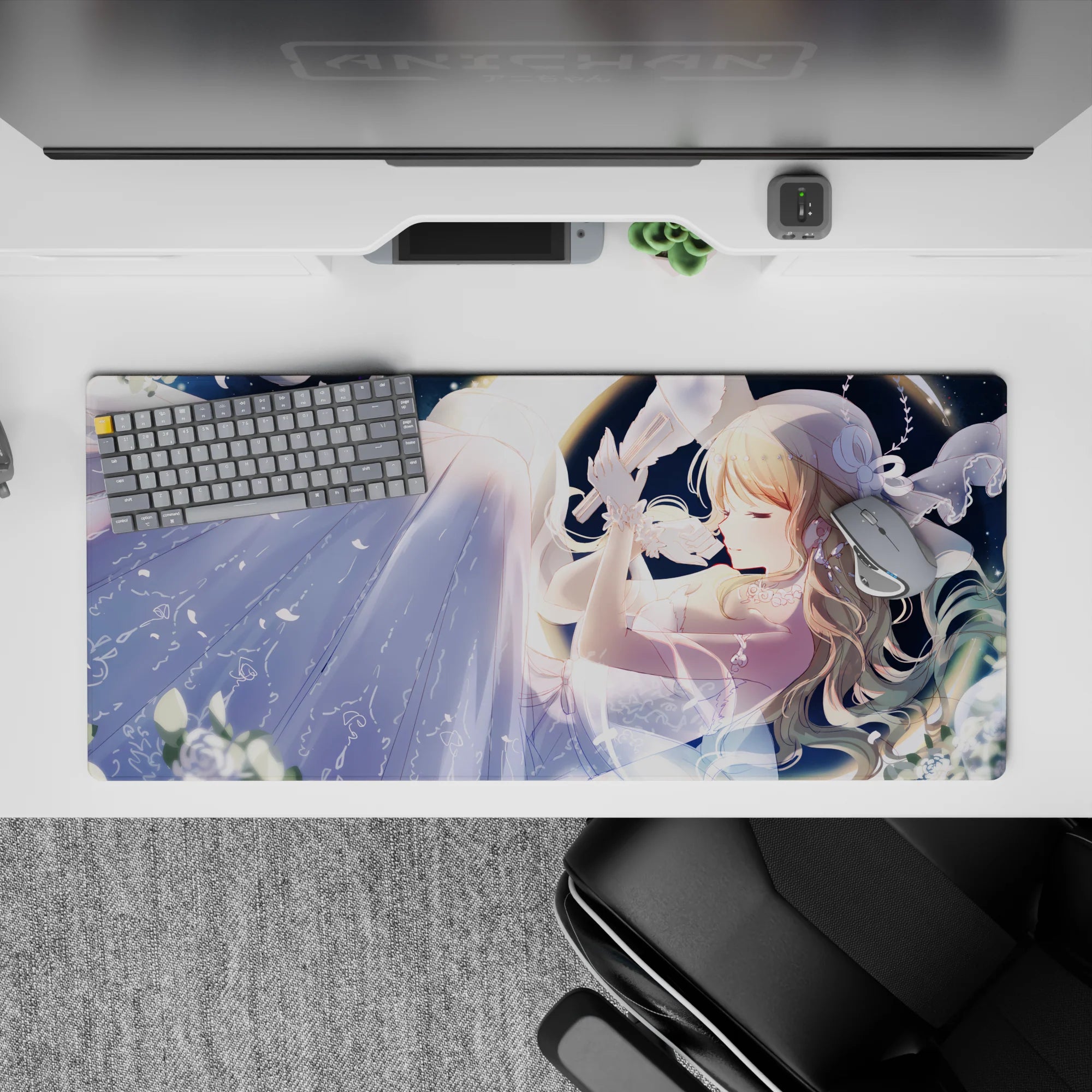 Moonlit blue anime desk pad 36x16 inches with dreamy starlight glow, soft gradients, and calm romance.