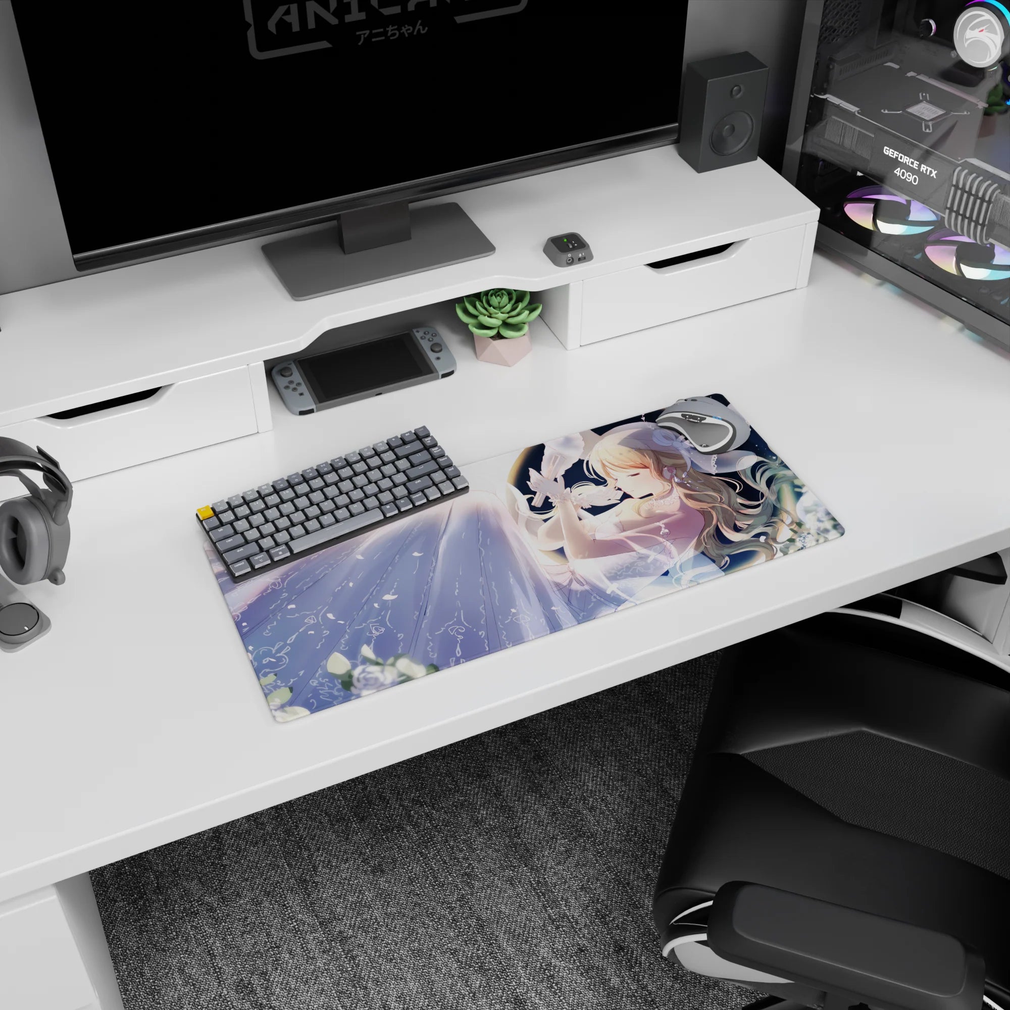 28x12 inches mouse pad showing a dreamy blonde anime girl making a wish as petals drift in moonlight.