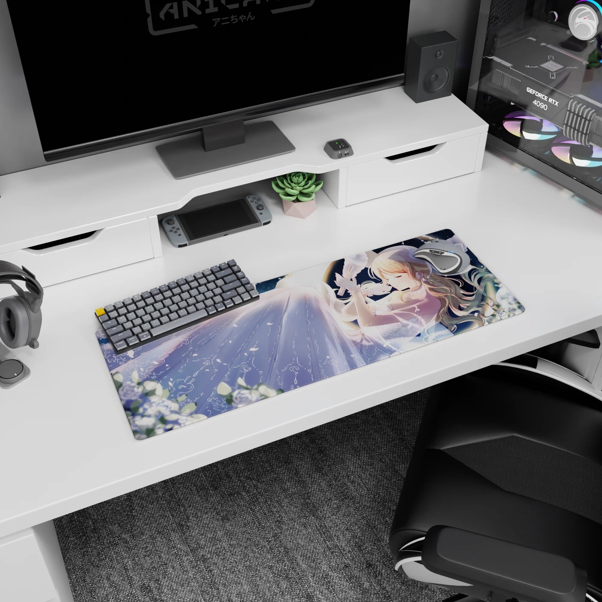 32x12 inches anime mouse pad showing a dreamy blonde girl making a wish as petals drift under stars.