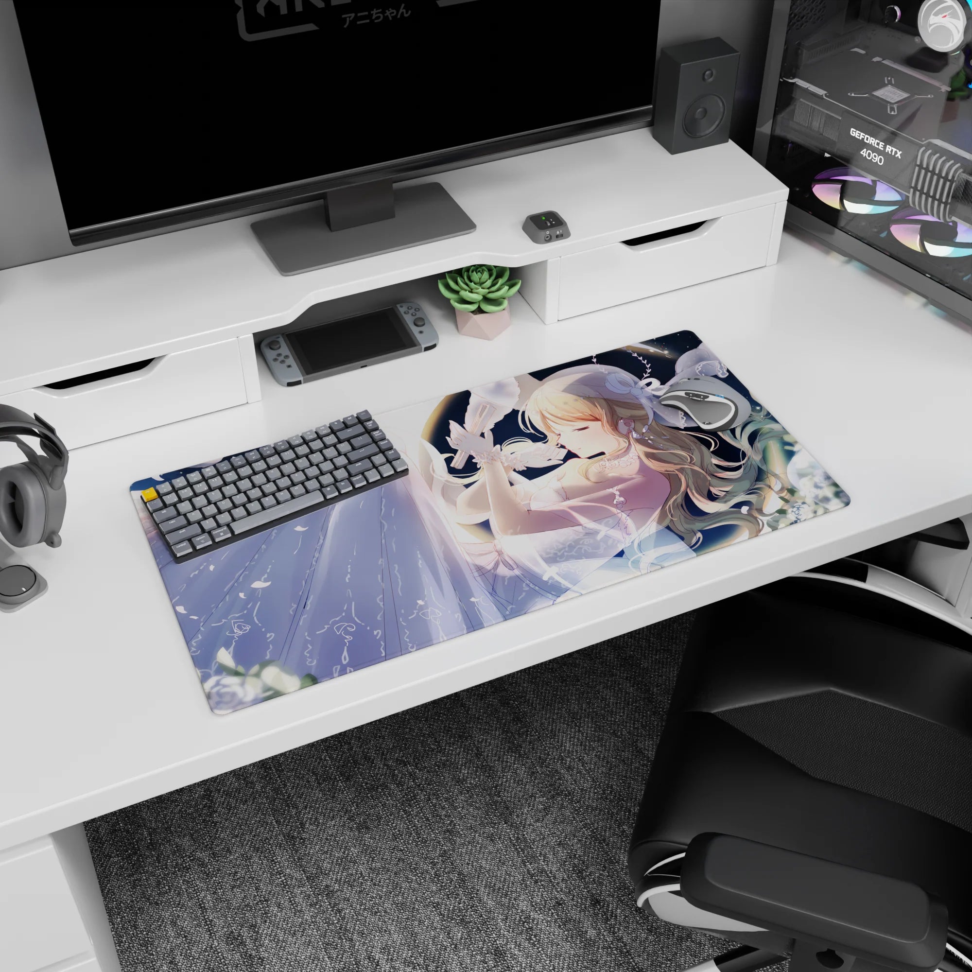 32x16 inches anime mouse pad showing a blonde girl making a wish as petals drift through a starry night.