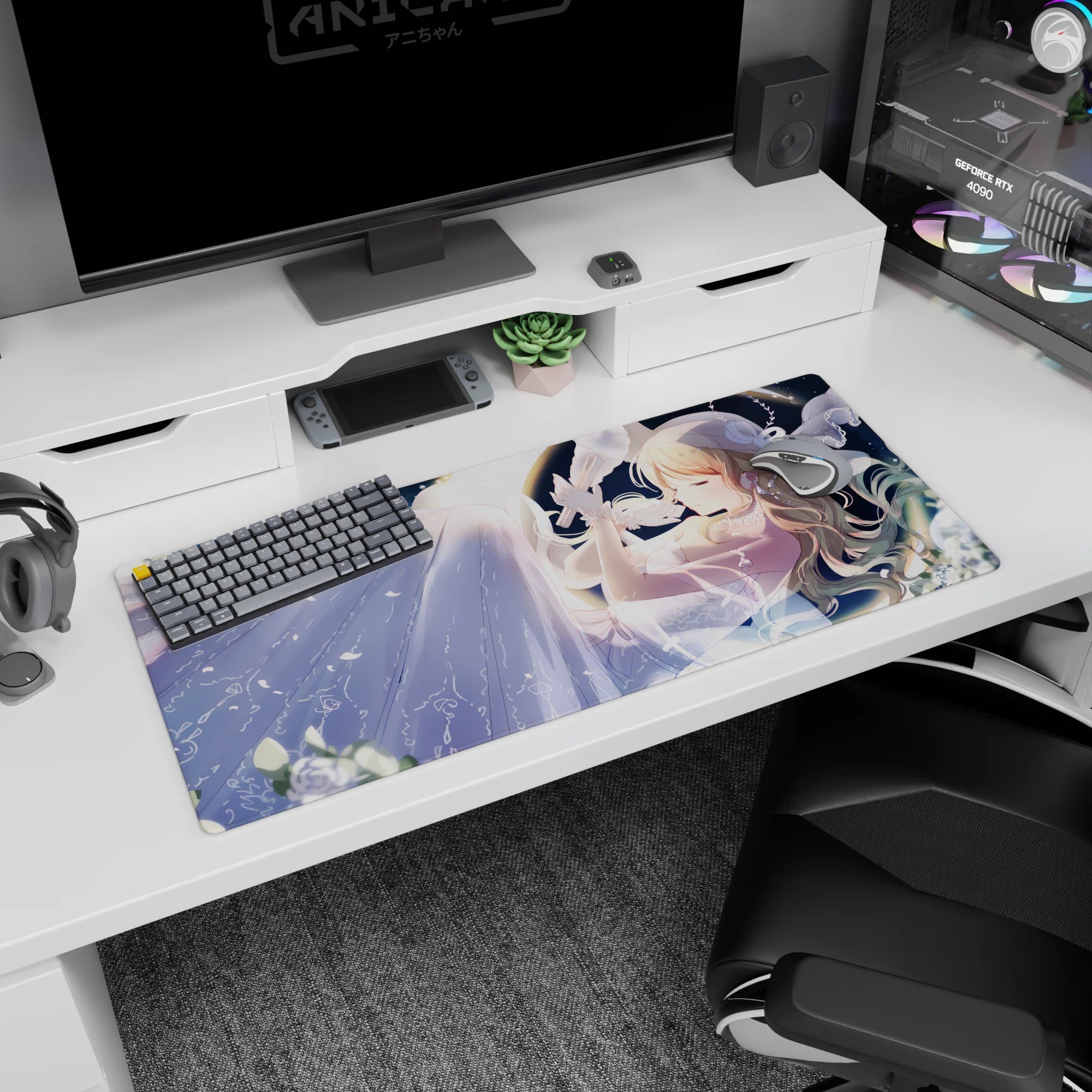 Blonde anime girl making a wish at night on desk pad 36x16 inches, petals drifting in starlit sky.