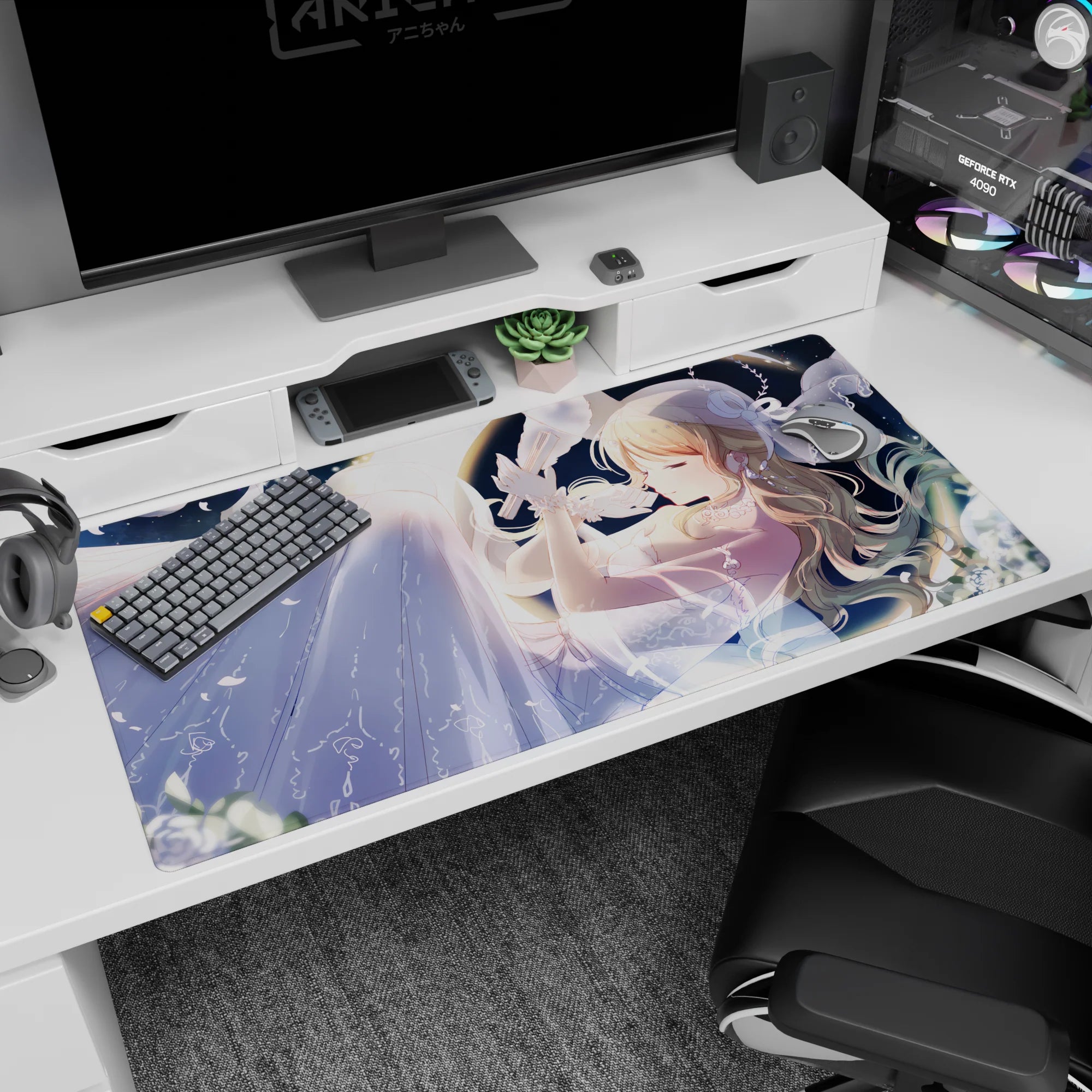 Blonde anime girl making a wish under stars, petals drifting, on a 40x20 inches desk pad.